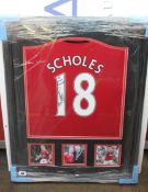 A framed No.18 Manchester United shirt signed by Paul Scholes (To Hugh Ridgway) via Allstar