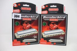Five boxed as new Hohner Thunderbird marine band harmonicas (Four in Bb low, one in F low).