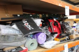 A large quantity of sports, fitness and related items to include weights, cricket bats, foam rollers