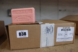 A box of La Svonnette rose scented 125g bars of soap (approximately 35).