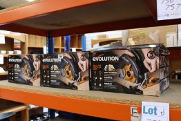 Three boxed as new evolution 185mm TCT circular saw (R185 CCS).