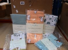Twenty-four assorted as new Little Blue Nest swaddling blankets together with twelve comforters.