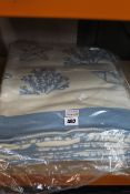 Three as new Cream Cornwall coral and shell design reversible throw blankets in cobalt blue and ecru
