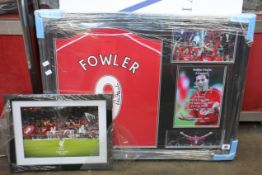 An as new signed and framed Robbie Fowler football shirt from Allstar Signings.