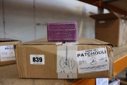 A box of La Savonnette Patchouli soap bars (Approximately 35).