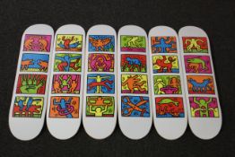 A set of as new Keith Haring - Retrospect 1939 Wall Art Skateboards (Set of 6 boards, each deck