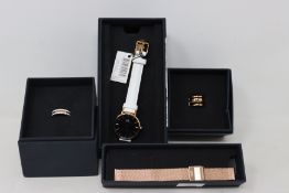 Four Daniel Wellington items to include petite Bondi ladies watch, a steel watch strap, rings.