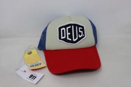 Fifteen as new Deus Ex Machina Baylands trucker caps in red/blue (RRP £25 each).
