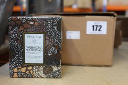 Six boxed as new Voluspa yashioka gardenia tuberose turnisian clove candles (6.2 oz).