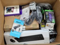 A box of assorted new and pre-owned small electrical items (All items sold as seen).