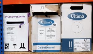 A boxed as new reel of Ultima Cat6 Data Cable (P/N: 778134), a boxed as new reel of Ultima Cat5e