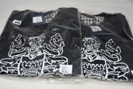 Two as new Aquascutum large crest crew neck black sweatshirts (L - RRP £80 each).