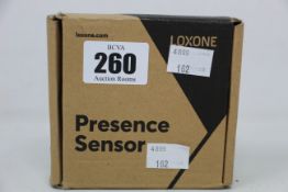 A boxed a new Loxone air presence sensor in White.