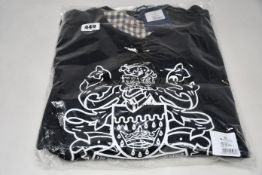 Two as new Aquascutum large crest crew neck black sweatshirts (XL - RRP £80 each).