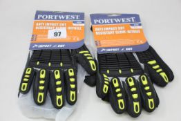 Fourteen as new Portwest A722 anti impact cut resistant nitrile gloves in a variety of sizes.