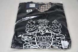 Two as new Aquascutum large crest crew neck black sweatshirts (XL - RRP £80 each).