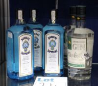 Three bottles of Bombay Sapphire vapour infused dry gin (3 x 700ml) and two bottles Levantine gin (2