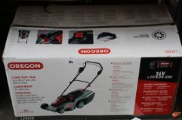 A boxed as new Oregon cordless lawnmower (LM300-A6) (Box has some damage).