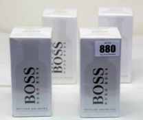 Four boxed as new Hugo Boss Bottled Unlimited eau de toilette (100ml).
