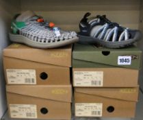 Three pairs of men's as new Keen Uneek sandals (2 x 8, 1 x UK 11) together with a pair of women's
