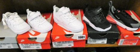 Five pairs of infants as new Nike trainers; Jordan Air Max 200 (UK K4.5), Air Force 1 (UK K4.5), Air