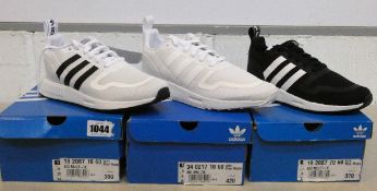 Three pairs of as new Adidas Multi X trainers (UK 4, 6, 8).