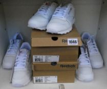 Five pairs of junior as new Reebok Classic Leather Junior trainers (All UK 4 - 3 pairs unboxed).