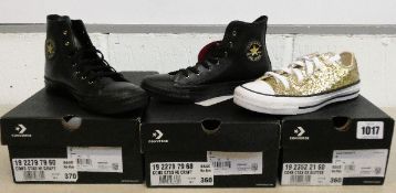 Two pairs of women's Converse Hi Craft trainers in black and gold (UK 3 and 4) and one pair of