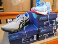 Three pairs of boxed as new Asics running shoes: two DynaFlyte 3 in skylight and white (Women's UK
