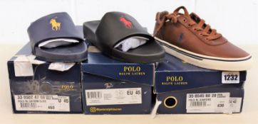 A pair of as new Ralph Lauren Hanford trainers (UK 8) and two pairs of Cayson sliders (UK 11).