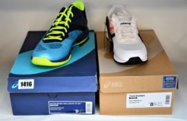 Two pairs of women's as new Asics trainers; Tiger Runner (UK 6.5) and Netburner Ballistic FF MT (