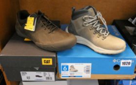 A pair of women's Columbia SH/FT WP Hiker Boots in grey (UK 4) and a pair of men's CAT Haycox