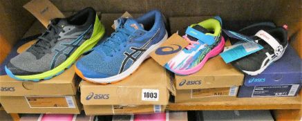 Four pairs of children's as new Asics trainers; Pre-Noosa tri 13 P (UK K10), Contend 6 TS School