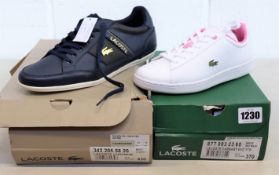 Two pairs of as new Lacoste trainers; men's Chaymon (UK 9) and youths Carnaby Evo (UK 4).