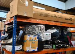 A shelf of assorted sports and leisure items.