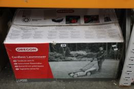 An Oregon LM300 Cordless Lawnmower.