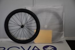 A pair of as new carbon fibre deep section (60mm) 700c bicycle wheels, DT Swiss 240s thro axle,