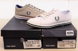 A pair of as new Fred Perry Baseline Twill trainers (UK 8) and Fred Perry Kingston trainers (UK 7).
