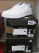 Two pairs of men's boxed as new Adidas Adicross Retro Golf Shoes in white (UK 9).
