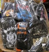 A quantity of as new rock band hoodies,T-shirts, polo shirts, socks etc., to include Queen,