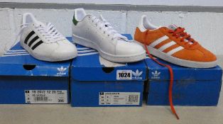 A pair of as new Adidas Stan Smith trainers (UK 9.5) and two pairs of as new Adidas Gazelle trainers