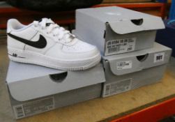 Three pairs of boxed as new Nike Air Force 1 Junior Sneakers in white (UK 10.5 kids, 3 and 5).