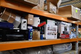 A shelf of assorted electrical and related items.