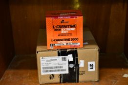 Four boxes of Olimp L-Carnitine 3000 Extreme Shot in cherry flavour (20x25ml per box).