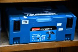 An as new Makita cordless driver drill (DDF481RTV).