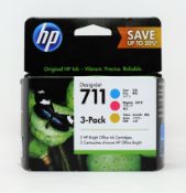 Four boxed as new HP 711 3 Colour Ink Cartridge Multipacks (P/N: P2V32A) (Expiry date: FEB 2023).