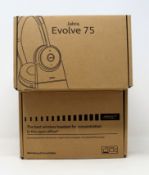 A Jabra Evolve 75 UC Stereo Bluetooth Headset and Charging Stand (P/N: 7599-838-199).