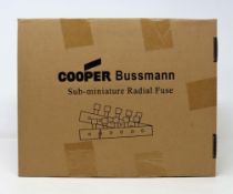 A box of 1000 as new Eaton Bussmann SR-5H-4A-AP T 4A 250VAC Sub-Miniature Radial Fuses (Box sealed).