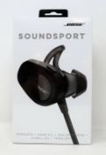 A boxed as new pair of Bose SoundSport Bluetooth Wireless Headphones in Black (Box sealed).