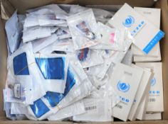 A box of assorted as new mobile phone replacement parts to include screen replacement kits for